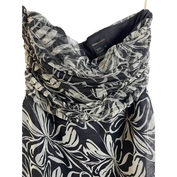BCBGMaxazria Chiffon Tulle Lined Dress Floral Strapless Black Beige Women Sz. 12 - Picture 3 of 7